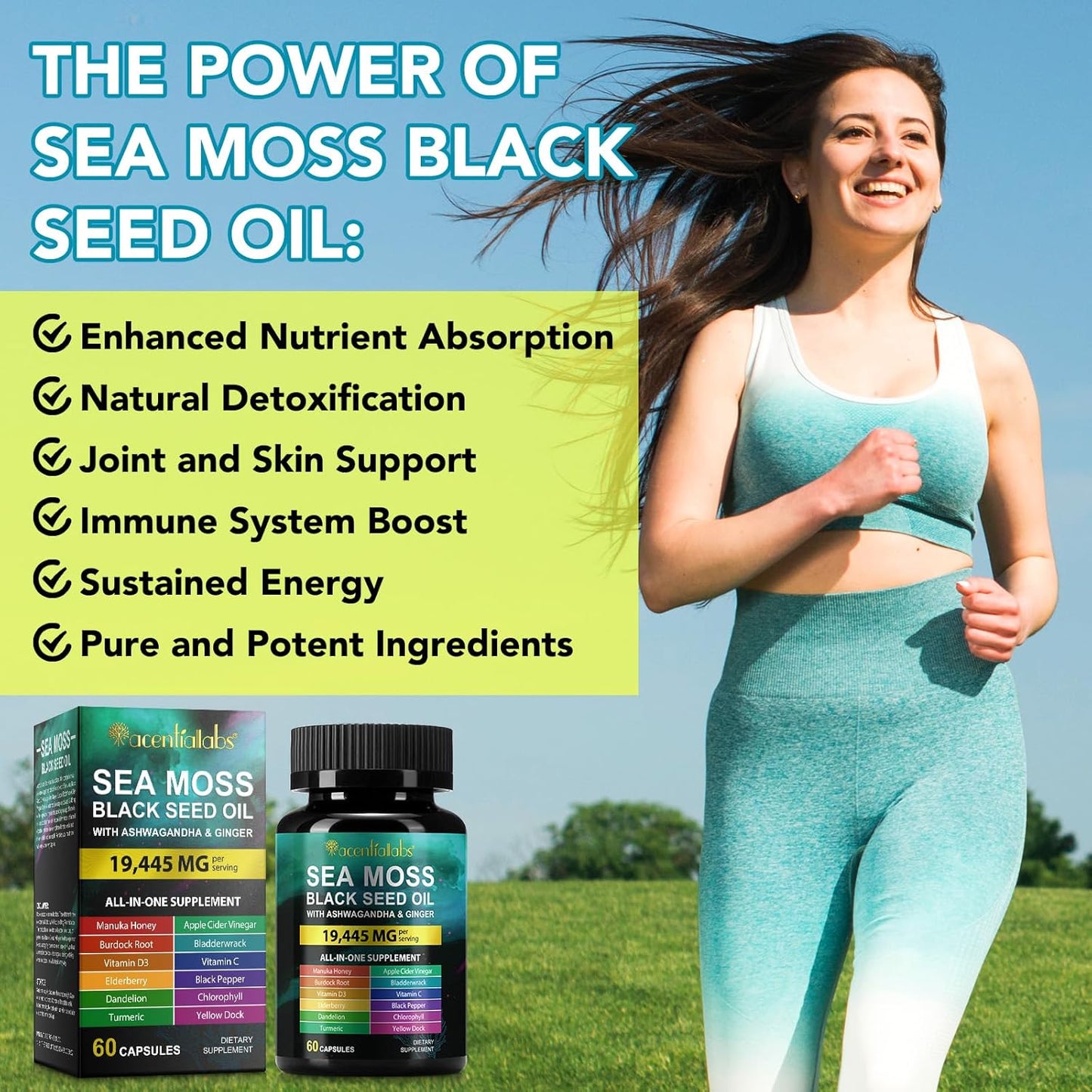 Sea Moss Black Seed Oil Capsules with Ashwagandha, Turmeric, Vitamin C, D3, Apple Cider Vinegar - Boost Bone & Skin Health, Immune System, Energy - 60 Count - Women & Men