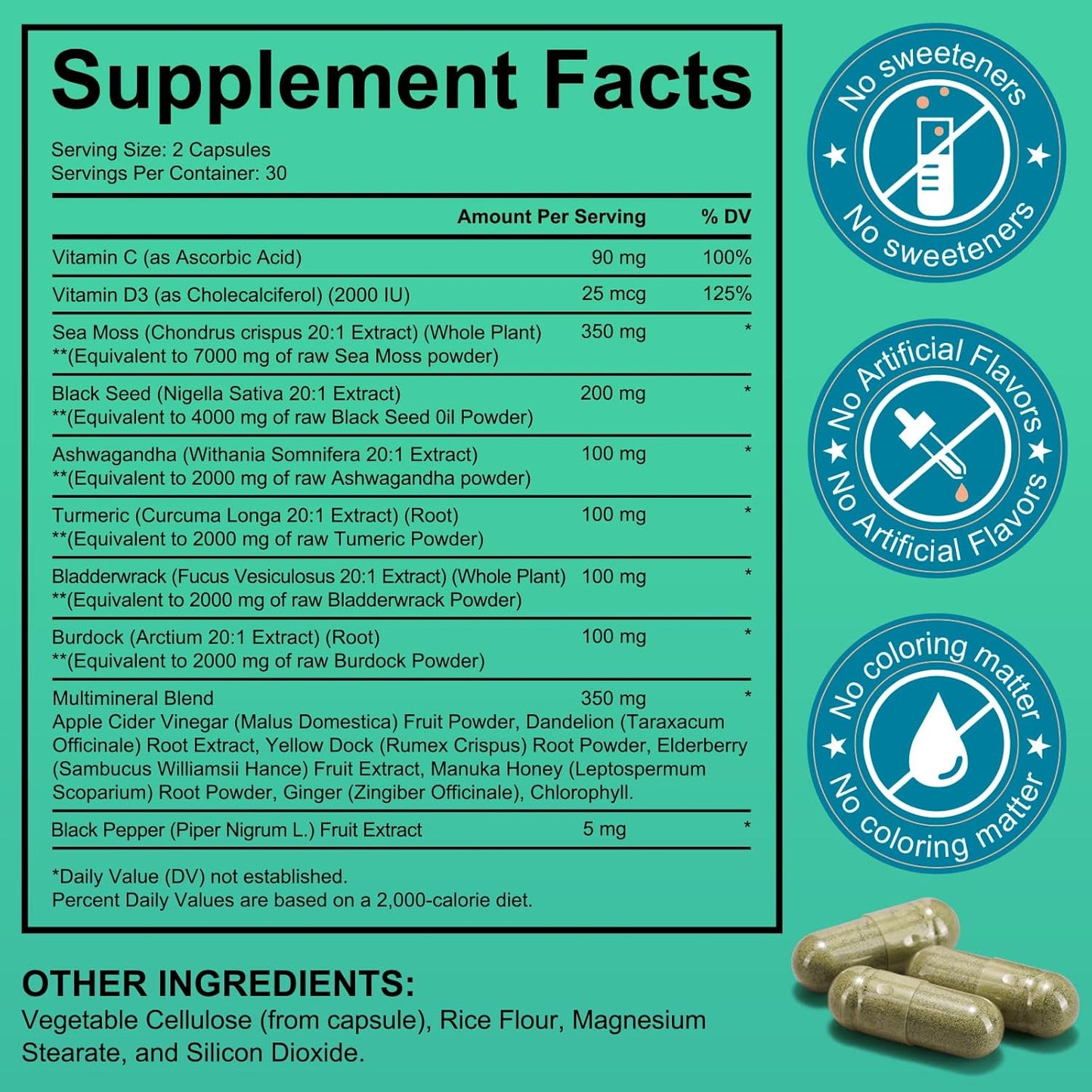 Sea Moss Black Seed Oil Capsules with Ashwagandha, Turmeric, Vitamin C, D3, Apple Cider Vinegar - Boost Bone & Skin Health, Immune System, Energy - 60 Count - Women & Men