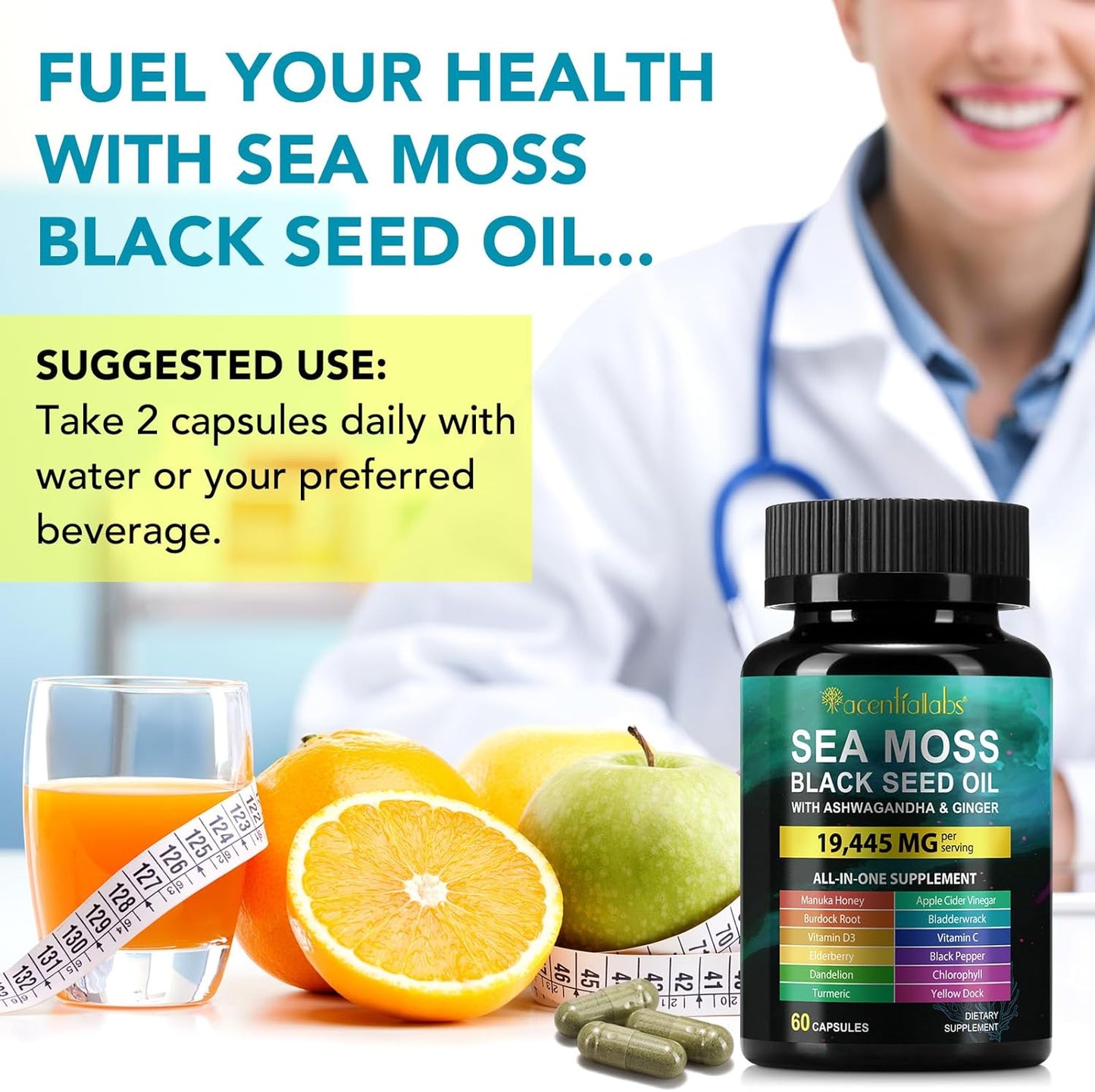 Sea Moss Black Seed Oil Capsules with Ashwagandha, Turmeric, Vitamin C, D3, Apple Cider Vinegar - Boost Bone & Skin Health, Immune System, Energy - 60 Count - Women & Men