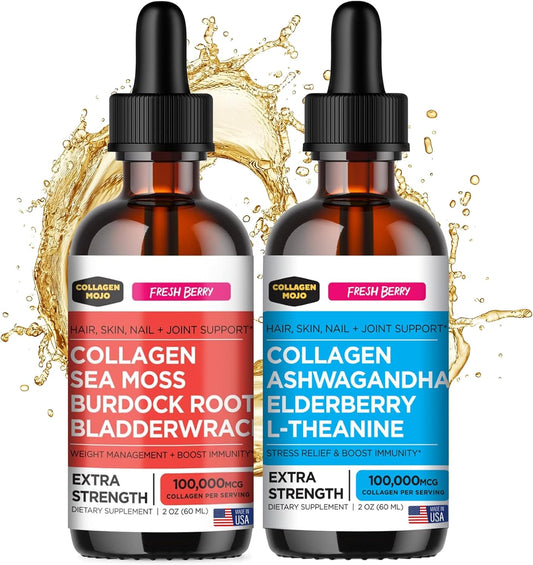 Sea Moss, Burdock Root, Bladderwrack Collagen Peptides + Ashwagandha, Elderberry, L-Theanine Liquid Collagen Booster
