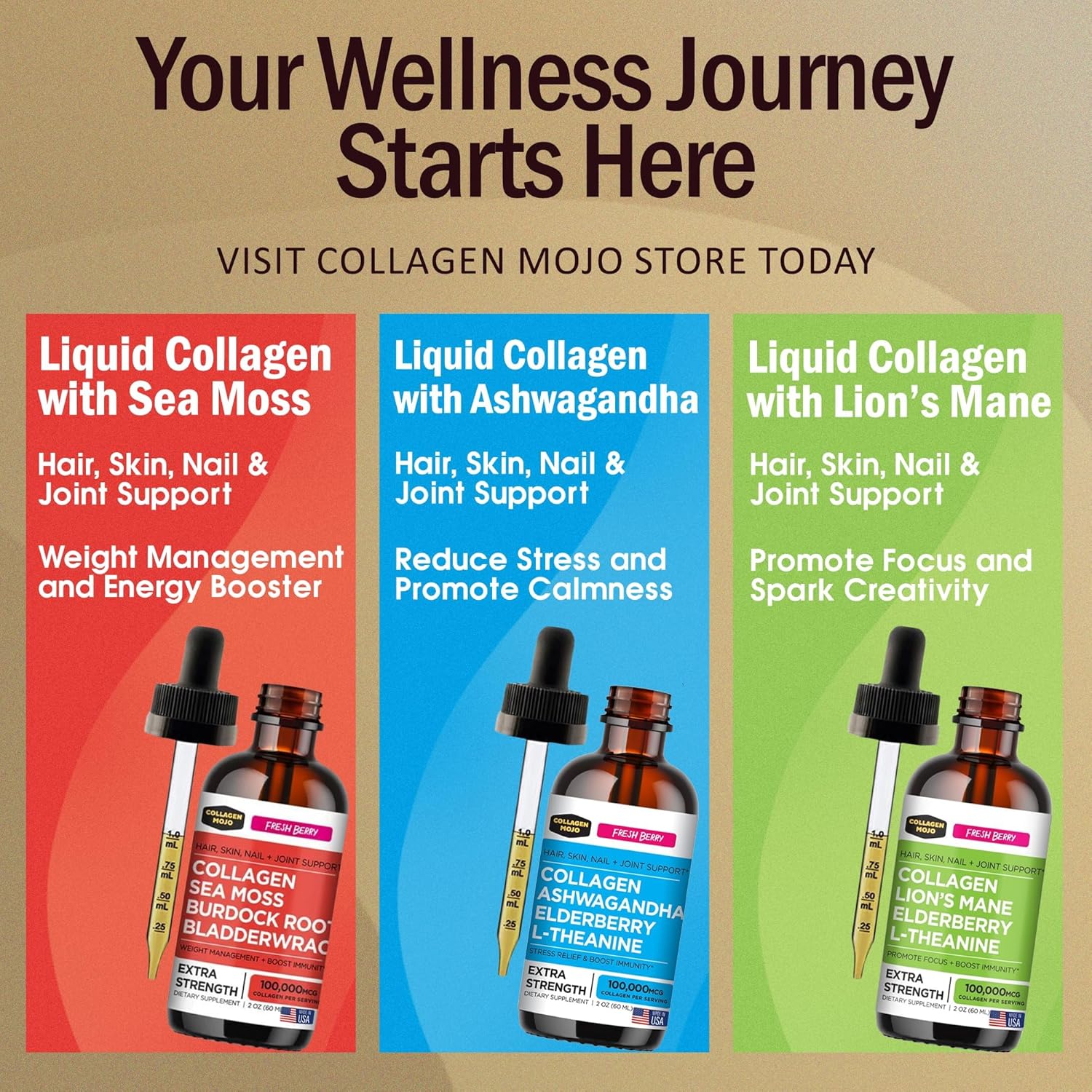 Sea Moss & Burdock Root Collagen Peptides + Lions Mane & Elderberry Liquid Collagen