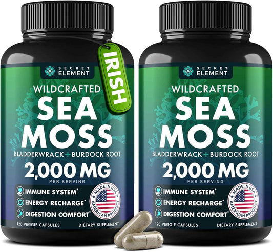 Sea Moss Capsules - Irish Sea Moss Advanced with Burdock Root, Bladderwrack & Muira Puama for Immunity, Gut, & Energy - Superfood Sea Moss Supplements w/Raw Sea Moss Powder (2 Pack)