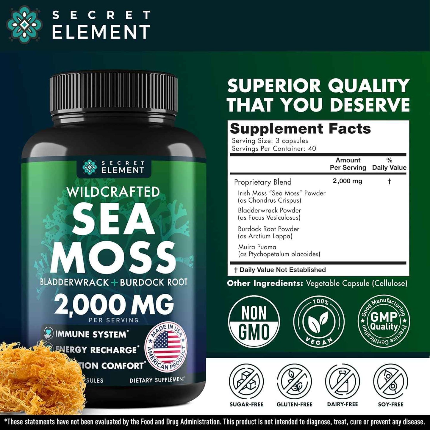 Sea Moss Capsules - Irish Sea Moss Advanced with Burdock Root, Bladderwrack & Muira Puama for Immunity, Gut, & Energy - Superfood Sea Moss Supplements w/Raw Sea Moss Powder (2 Pack)