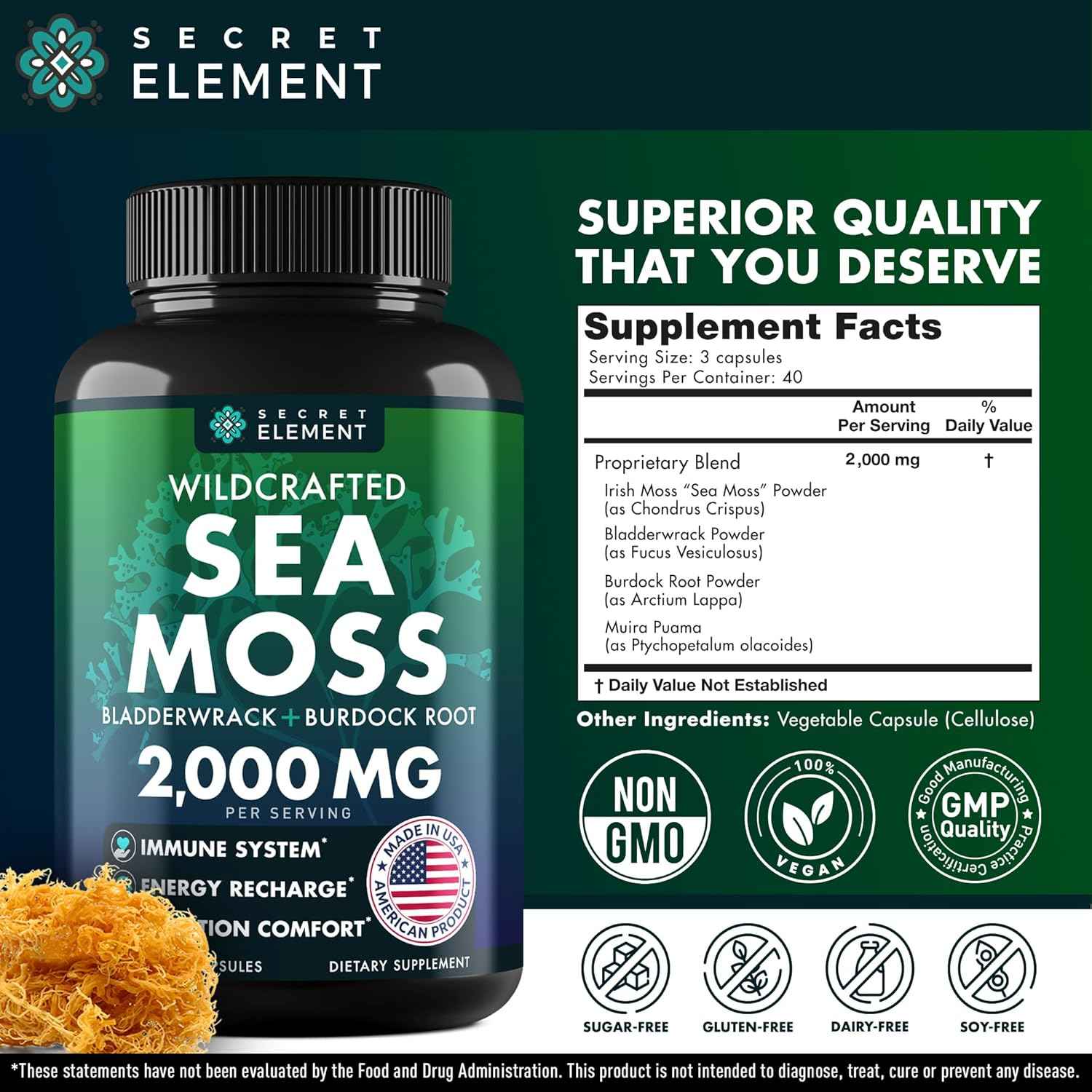 Sea Moss Capsules - Irish Sea Moss Advanced with Burdock Root, Bladderwrack & Muira Puama for Immunity, Gut, & Energy - Superfood Sea Moss Supplements w/Raw Sea Moss Powder (2 Pack)