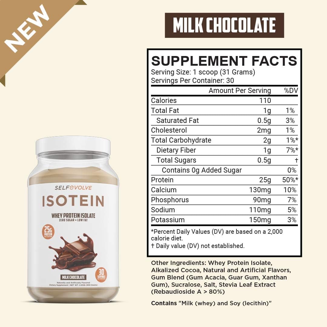 selfevolve Isotein Isolate Protein Powder - Milk Chocolate Flavor, 2lbs - 25g Whey Isolate Protein for Post Workout Recovery - No Added Sugar, Low Fat