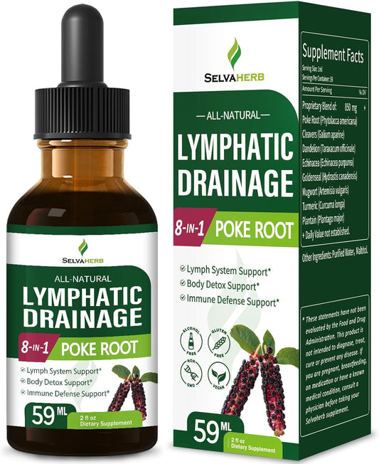 Selvaherb Lymphatic Support Drops with Poke Root, Cleavers, Dandelion & Echinacea Extract - 2oz Herbal Supplement