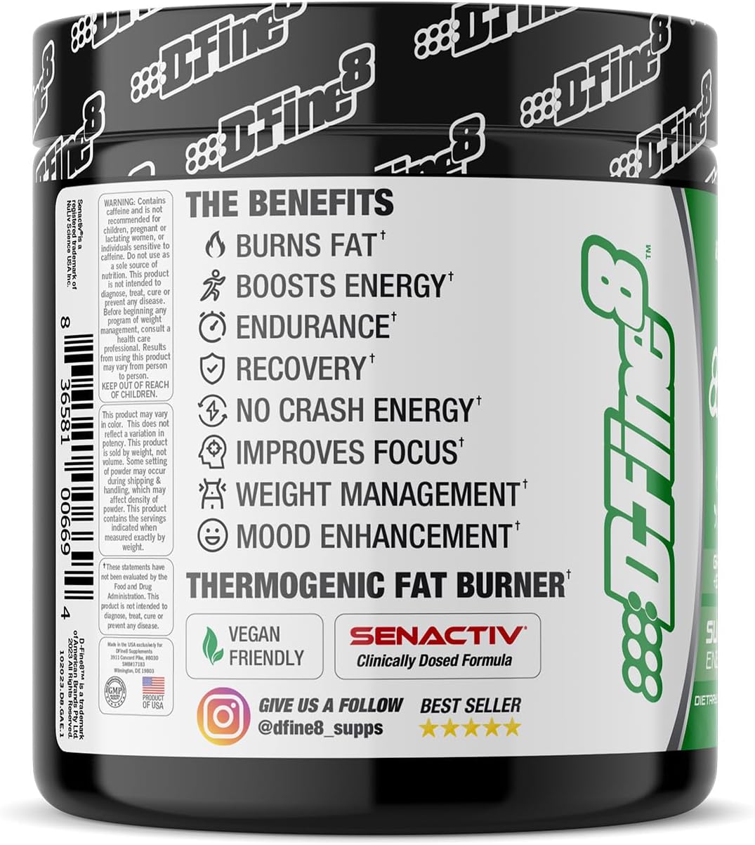 Senactiv Infused Thermogenic Pre-Workout Powder, Boost Energy & Focus, Sugar-Free, 300mg Caffeine, N-Acetyl-L-Tyrosine, Green Apple Flavor