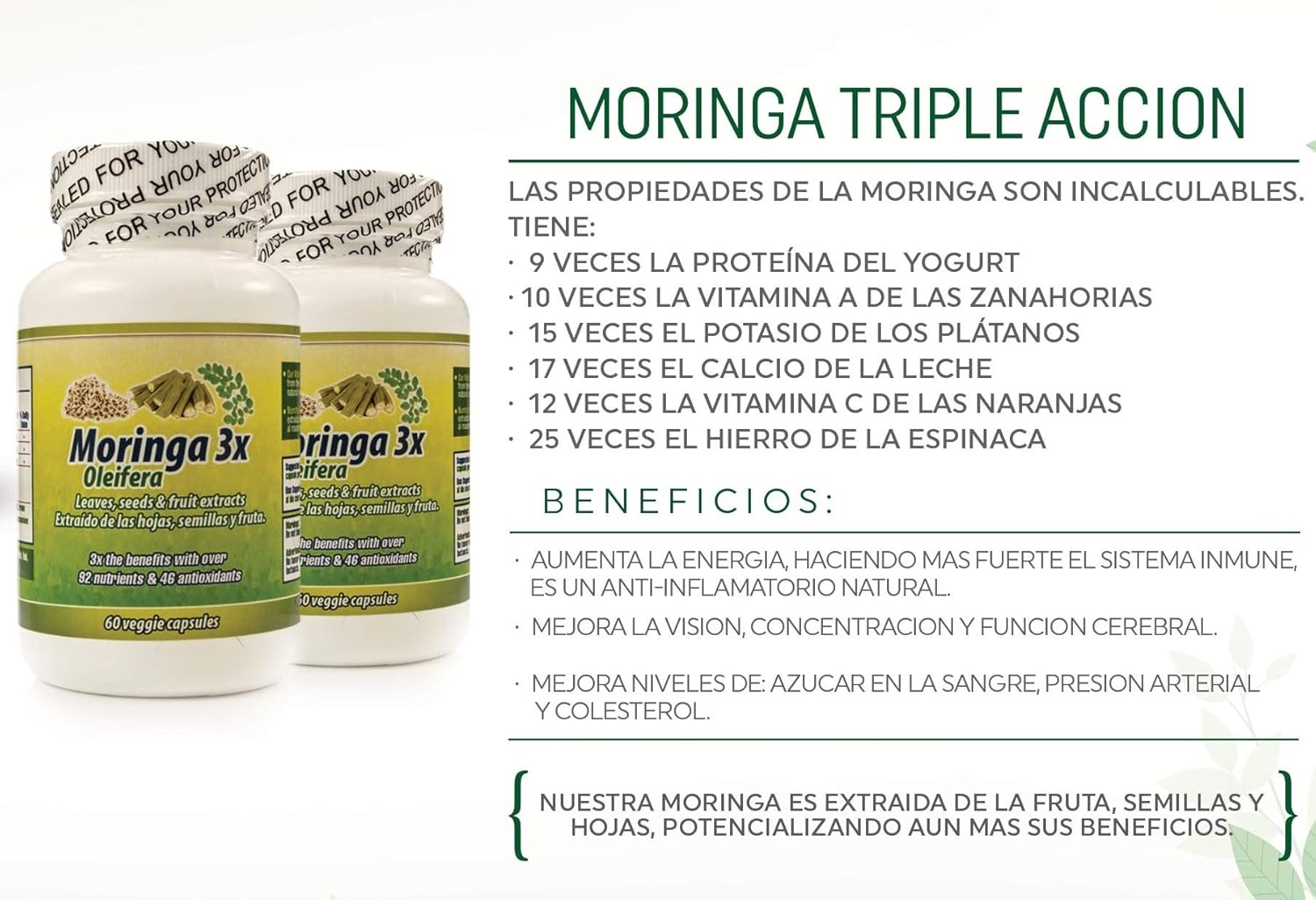 Set de 2 frascos de Capsulas de Moringa Nutrisalud con Triple Acción - Proteínas, Vitaminas y Minerales - Extracto de Planta, Fruta y Semillas
