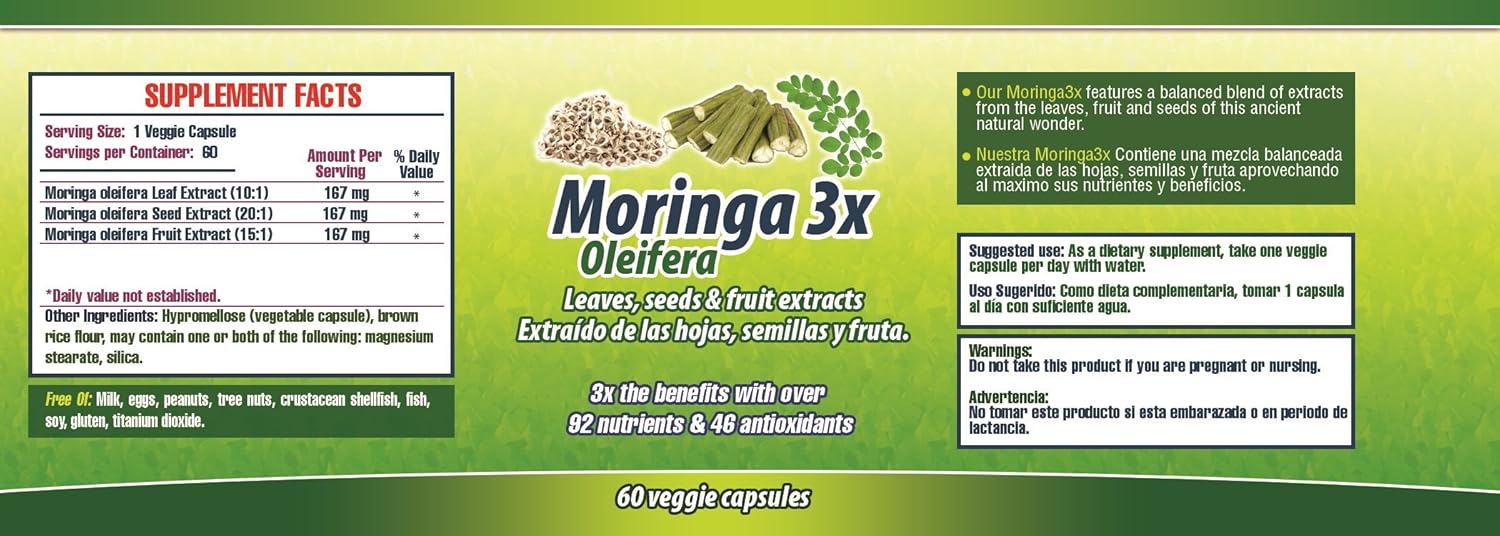 Set de 2 frascos de Capsulas de Moringa Nutrisalud con Triple Acción - Proteínas, Vitaminas y Minerales - Extracto de Planta, Fruta y Semillas