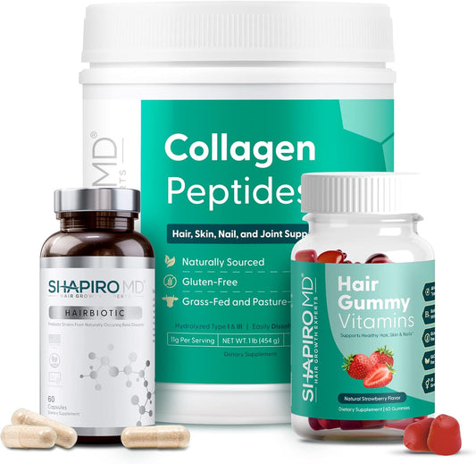 Shapiro MD Hair Growth Trio: Collagen Powder, Daily Vitamin, Prebiotic Formula for Full, Strong, Healthy Hair | Recommended by Dermatologist