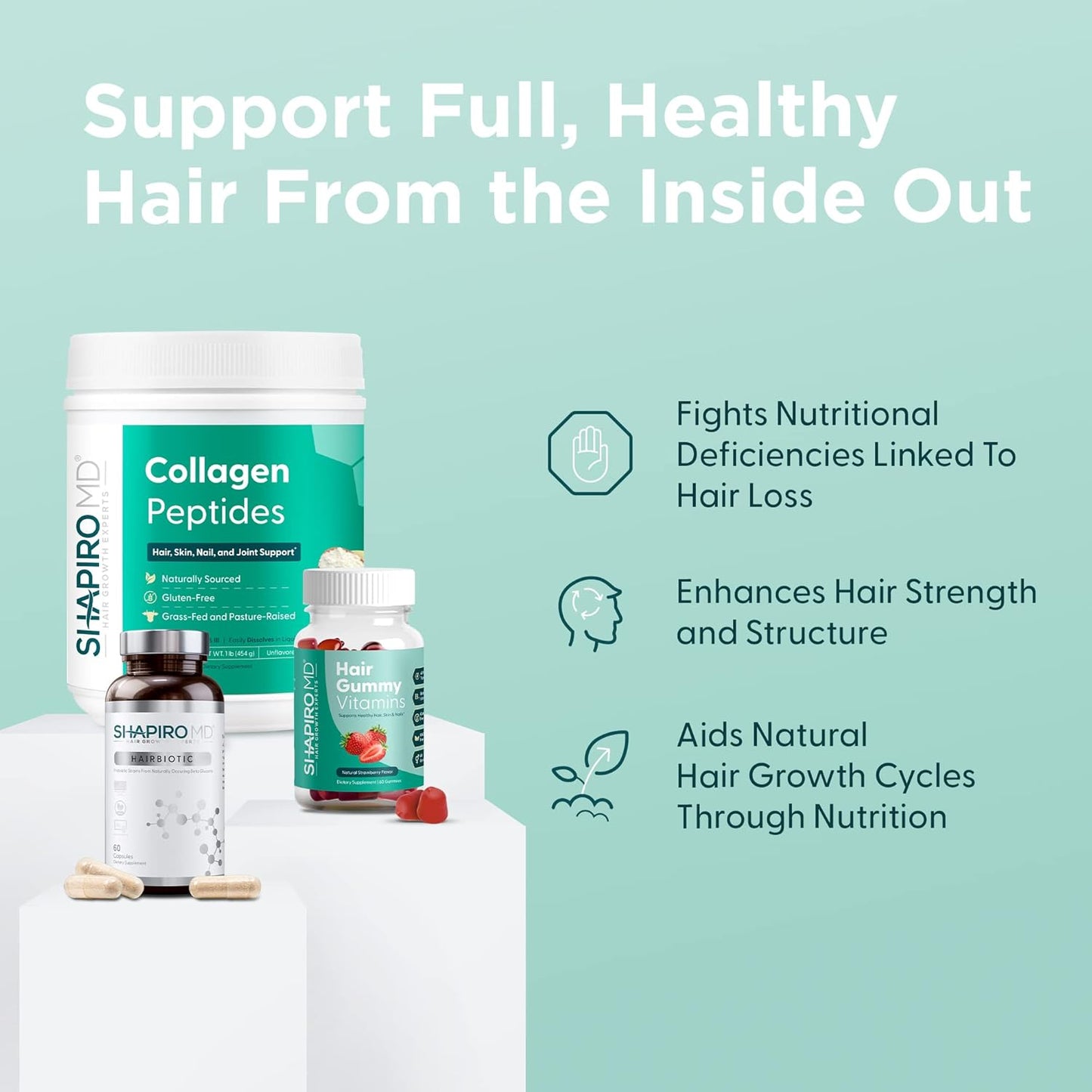Shapiro MD Hair Growth Trio: Collagen Powder, Daily Vitamin, Prebiotic Formula for Full, Strong, Healthy Hair | Recommended by Dermatologist