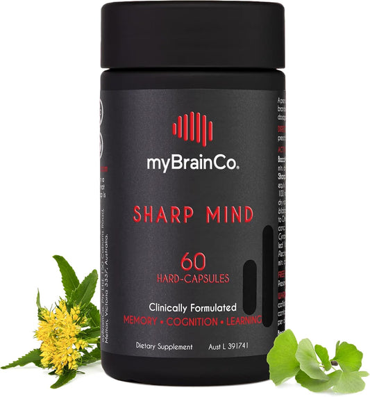 SHARP MIND Brain Supplement with Rhodiola & Ginkgo Biloba - Improve Mental Focus & Recall - Cognitive Fatigue Reduction - 60 Capsules by myBrainCo