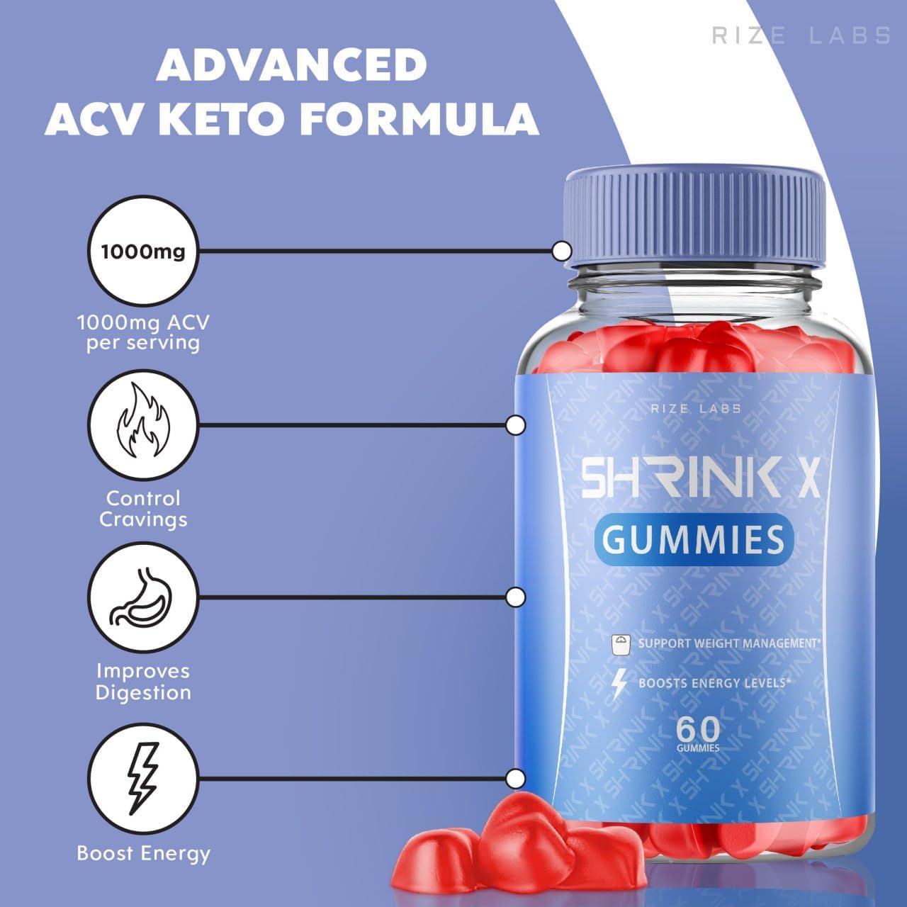 Shrink X Gummies 5 Pack -  Slimming Formula  & Keto ACV Supplement - Maximum Strength Belly Fat Gomitas - 300 Gummies