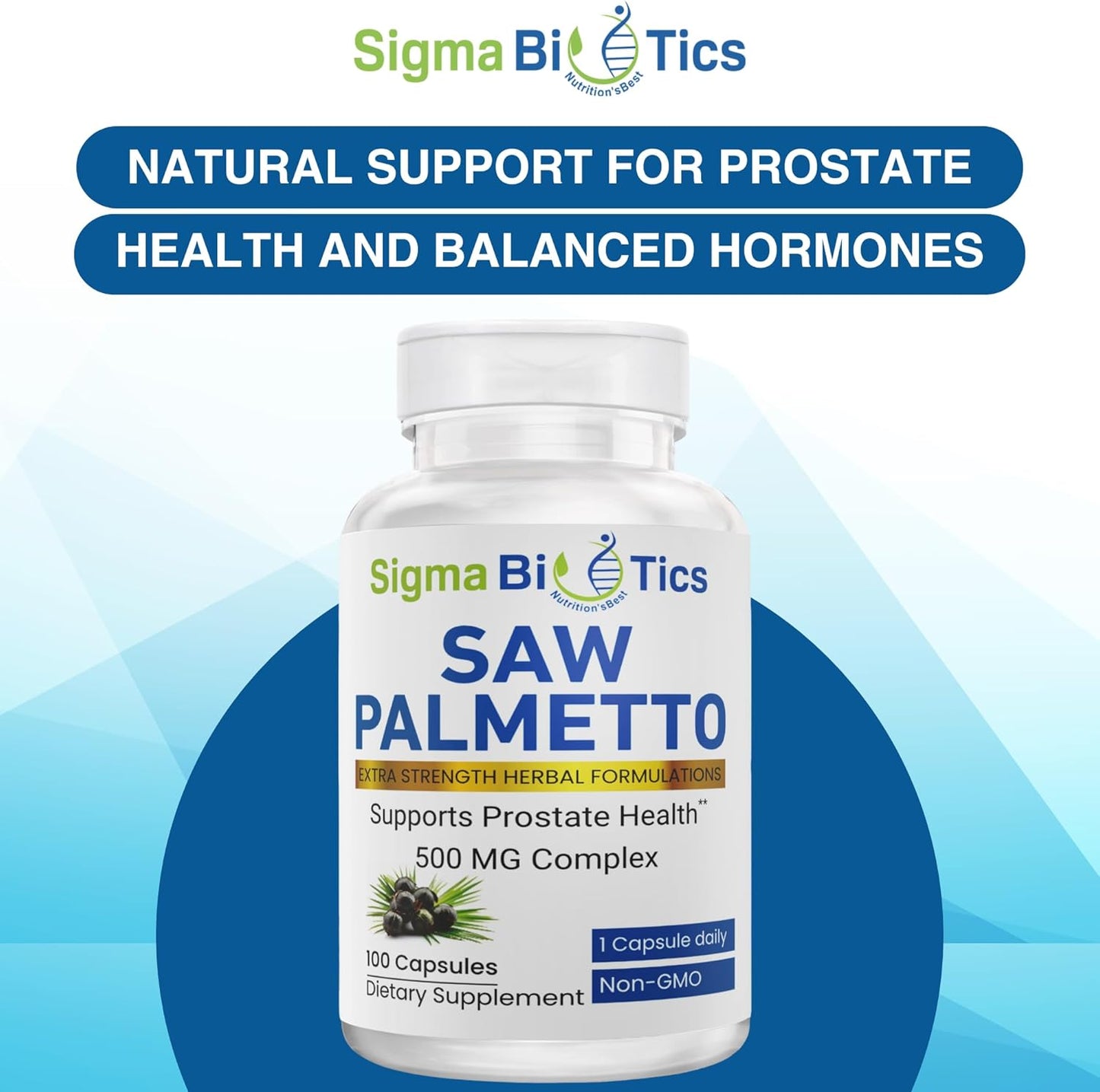 SigmaBiotics Men's Saw Palmetto Supplement - 500mg with 45% Extract - Prostate & Hormone Balance Support - Non-GMO - 100 Capsules