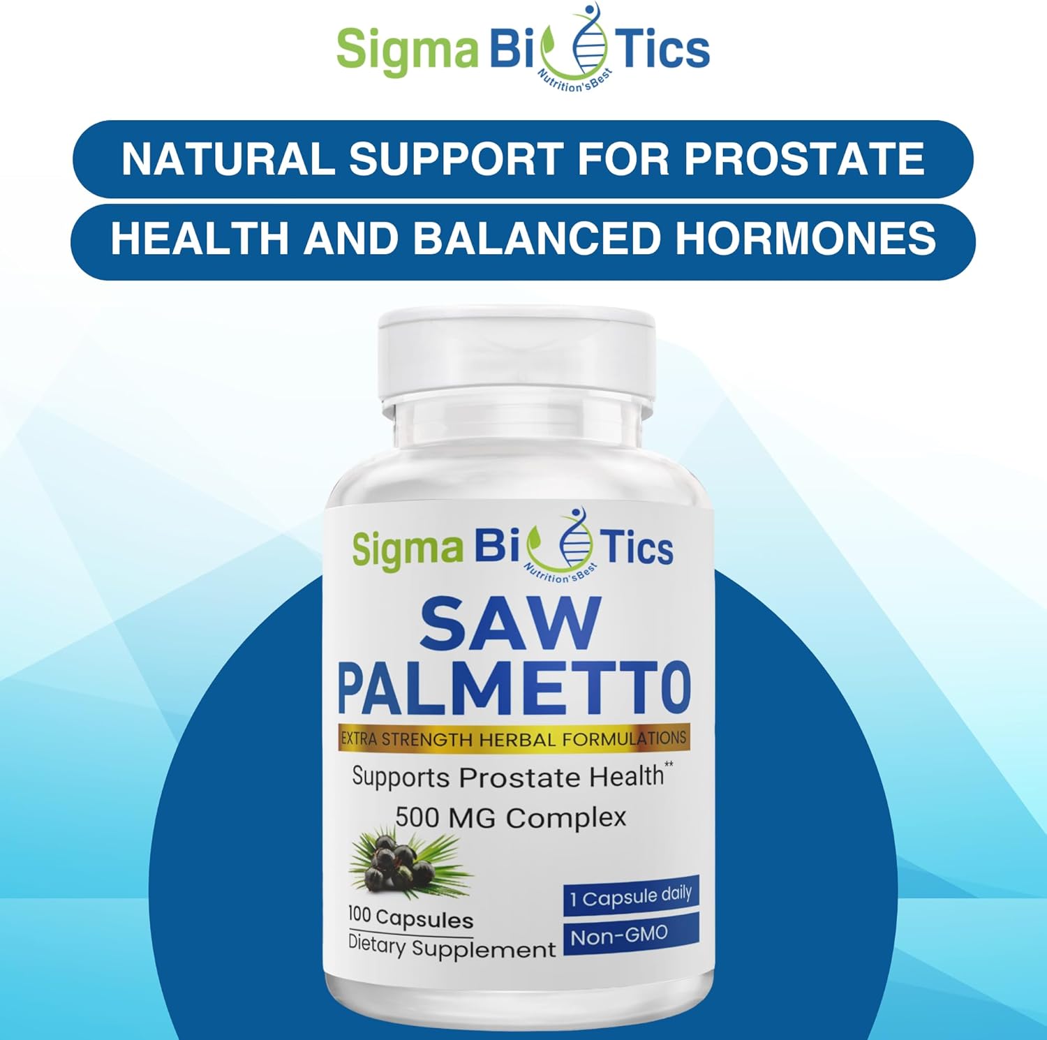 SigmaBiotics Men's Saw Palmetto Supplement - 500mg with 45% Extract - Prostate & Hormone Balance Support - Non-GMO - 100 Capsules