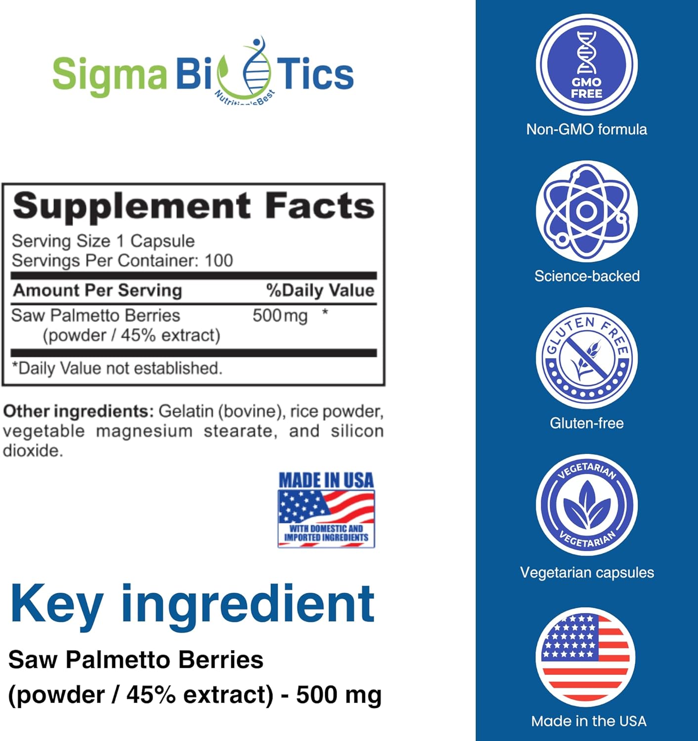 SigmaBiotics Men's Saw Palmetto Supplement - 500mg with 45% Extract - Prostate & Hormone Balance Support - Non-GMO - 100 Capsules