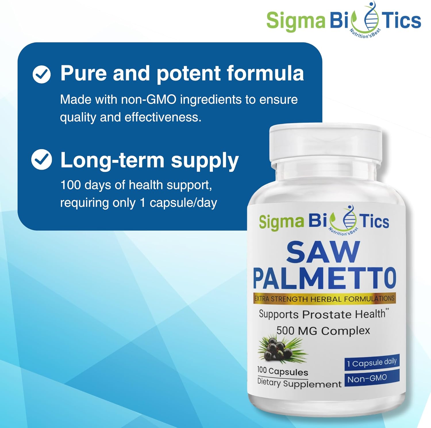 SigmaBiotics Men's Saw Palmetto Supplement - 500mg with 45% Extract - Prostate & Hormone Balance Support - Non-GMO - 100 Capsules