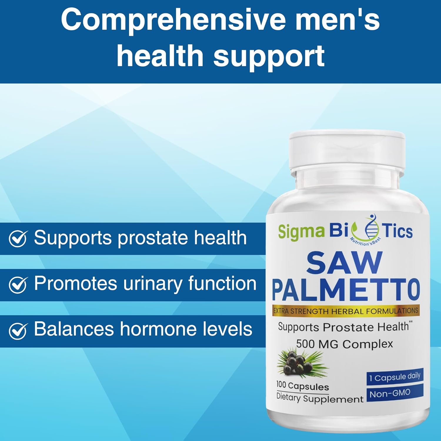 SigmaBiotics Men's Saw Palmetto Supplement - 500mg with 45% Extract - Prostate & Hormone Balance Support - Non-GMO - 100 Capsules