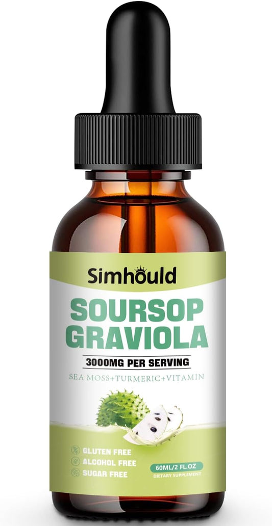 Simhould Soursop Graviola Liquid Drops 3000MG for Cell Support & Regeneration - Immune, Gut, Antioxidant, Mood, Relax, Liver, Sleep - Sea Moss, Turmeric, Vitamin B6, C, Zinc - 2 Fl Oz