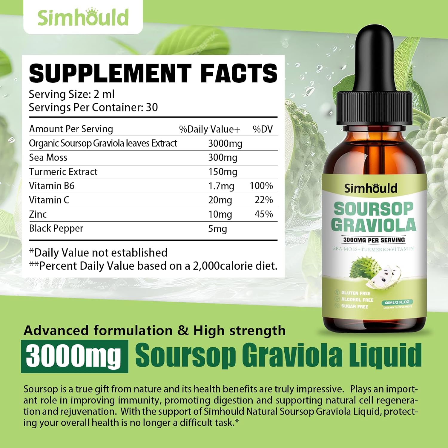 Simhould Soursop Graviola Liquid Drops 3000MG for Cell Support & Regeneration - Immune, Gut, Antioxidant, Mood, Relax, Liver, Sleep - Sea Moss, Turmeric, Vitamin B6, C, Zinc - 2 Fl Oz