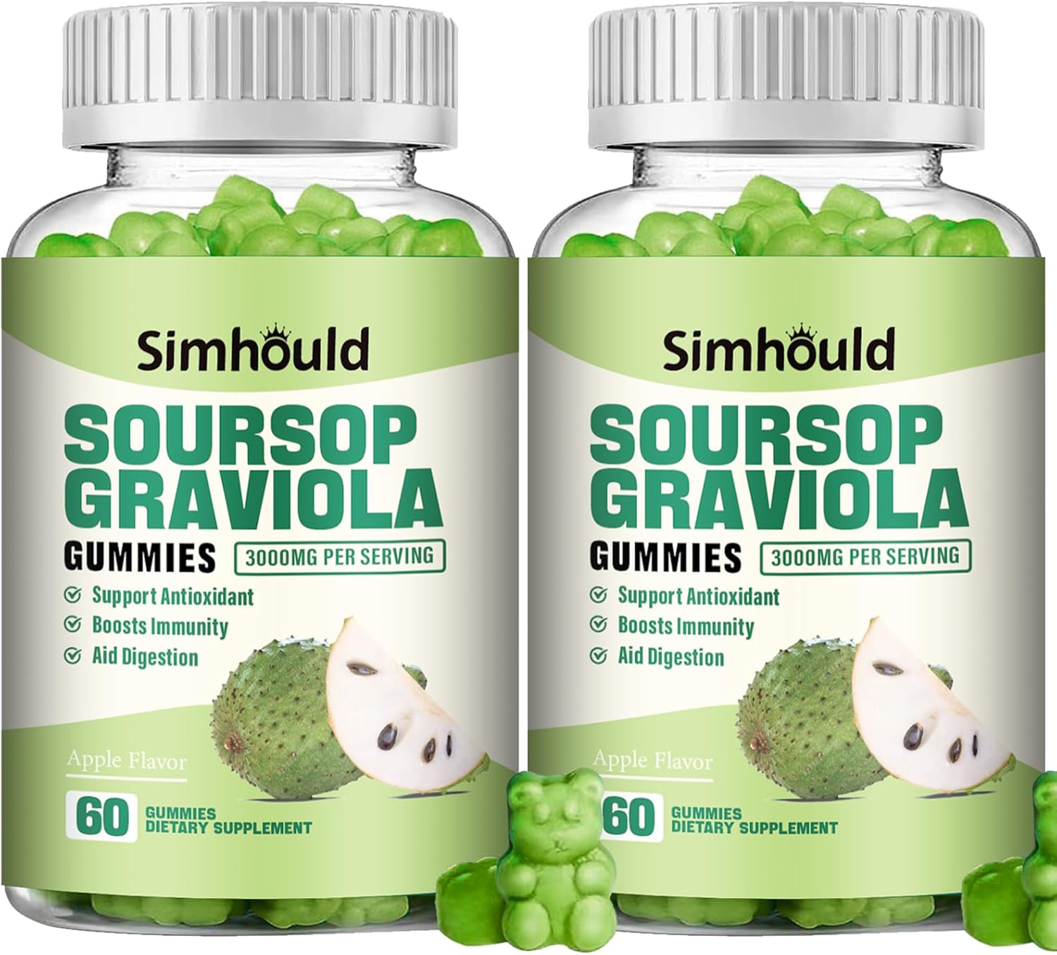 Simhould Soursop Gummies 2-Pack - 3000mg Extra Strength Soursop Leaves Supplement with Vitamin C & Zinc - Digestive Aid, Immune Support & Antioxidant - Sugar-Free, Non-GMO, Vegan - 120 Count
