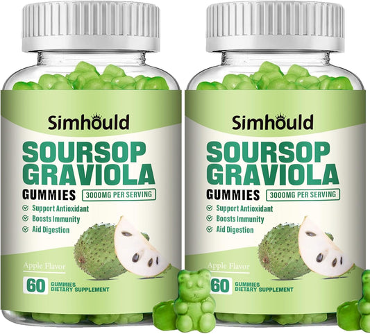 Simhould Soursop Gummies 2-Pack - 3000mg Extra Strength Soursop Leaves Supplement with Vitamin C & Zinc - Digestive Aid, Immune Support & Antioxidant - Sugar-Free, Non-GMO, Vegan - 120 Count