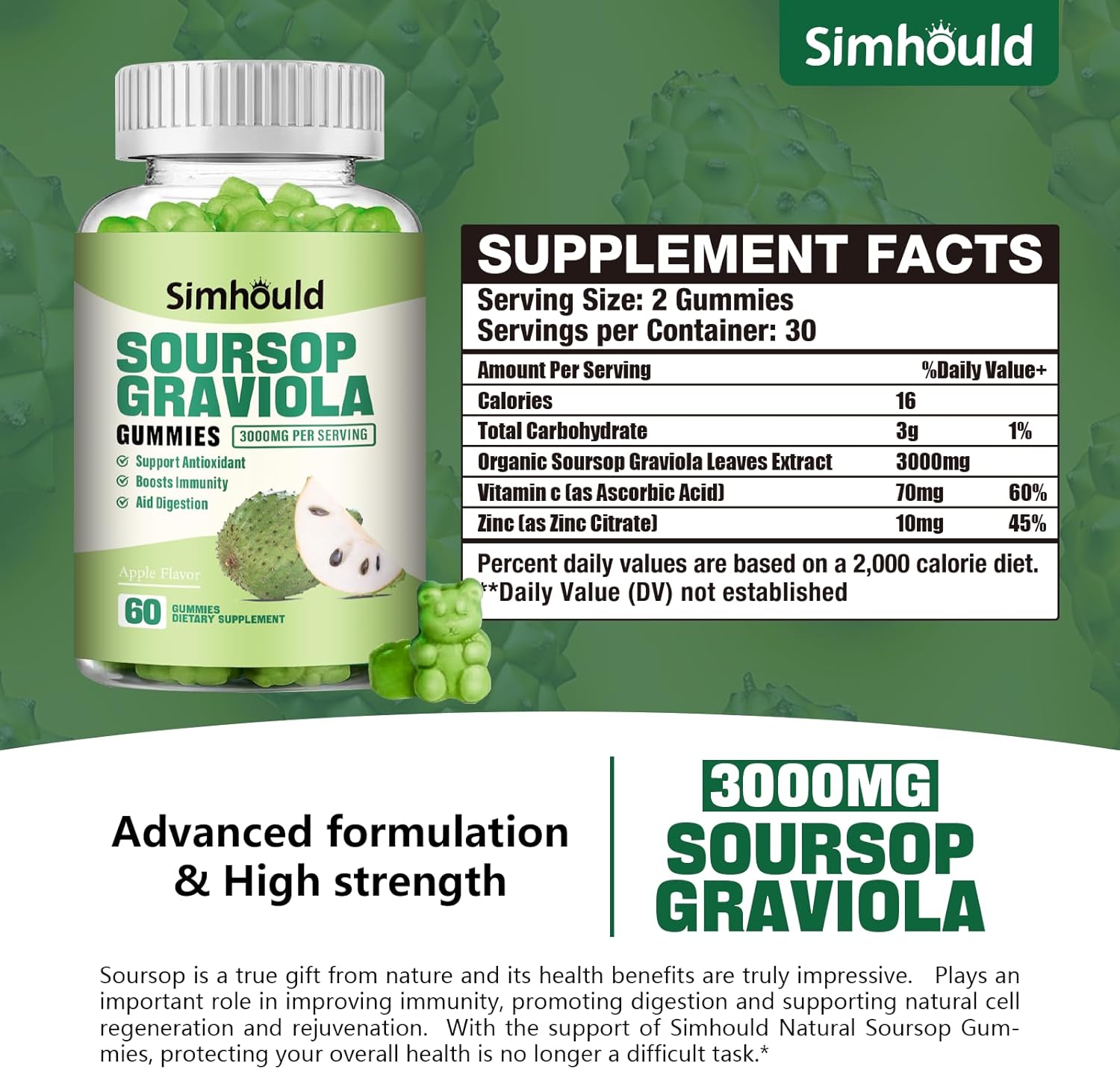 Simhould Soursop Gummies 2-Pack - 3000mg Extra Strength Soursop Leaves Supplement with Vitamin C & Zinc - Digestive Aid, Immune Support & Antioxidant - Sugar-Free, Non-GMO, Vegan - 120 Count