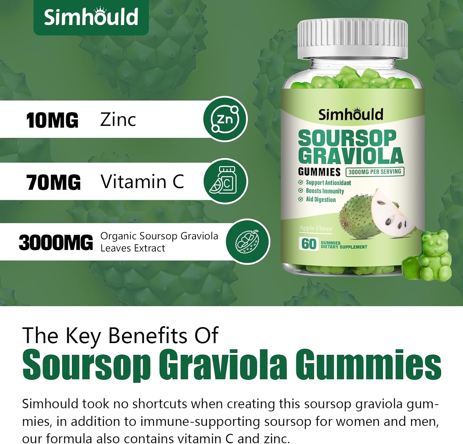 Simhould Soursop Gummies 2-Pack - 3000mg Extra Strength Soursop Leaves Supplement with Vitamin C & Zinc - Digestive Aid, Immune Support & Antioxidant - Sugar-Free, Non-GMO, Vegan - 120 Count