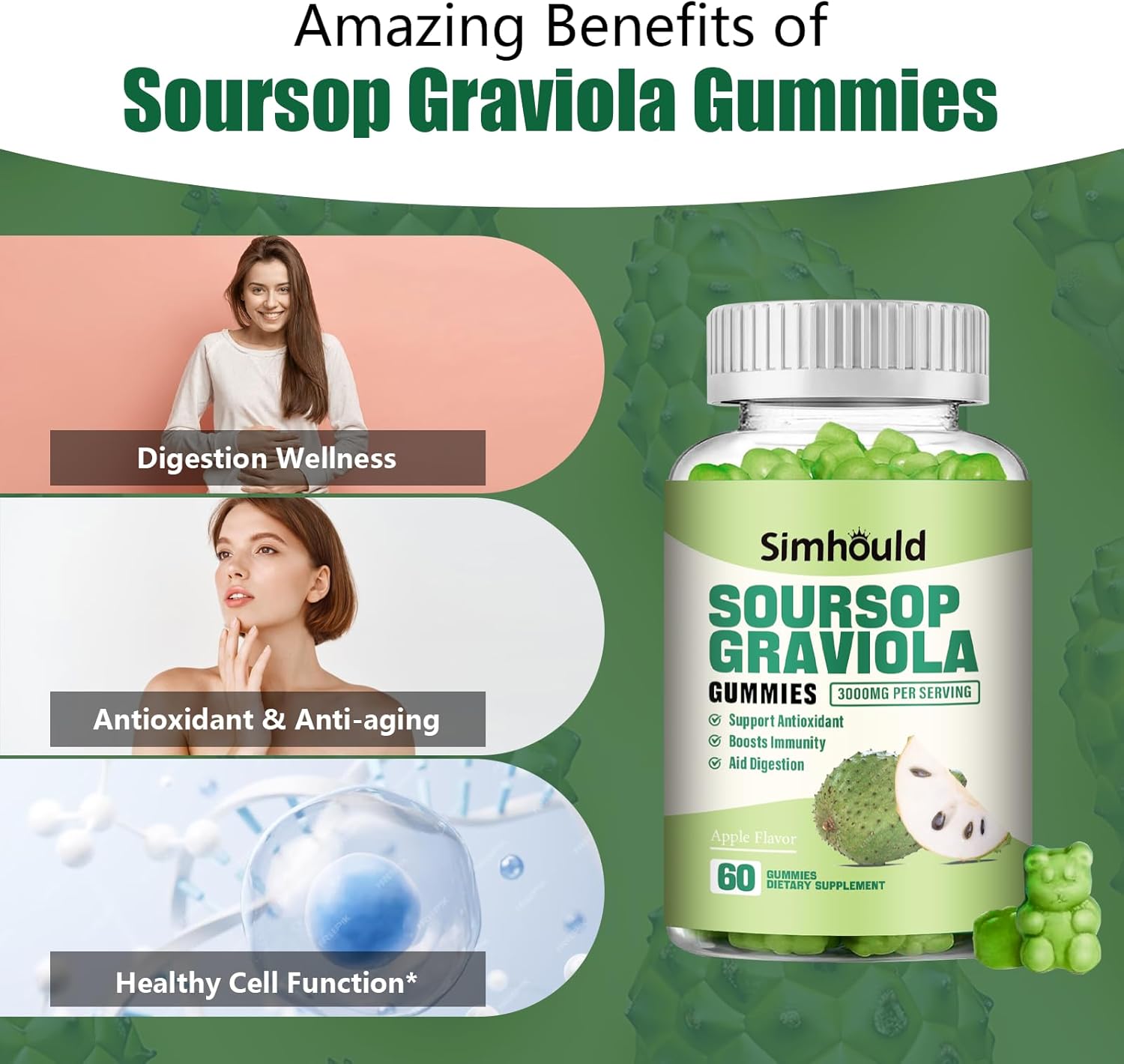 Simhould Soursop Gummies 2-Pack - 3000mg Extra Strength Soursop Leaves Supplement with Vitamin C & Zinc - Digestive Aid, Immune Support & Antioxidant - Sugar-Free, Non-GMO, Vegan - 120 Count