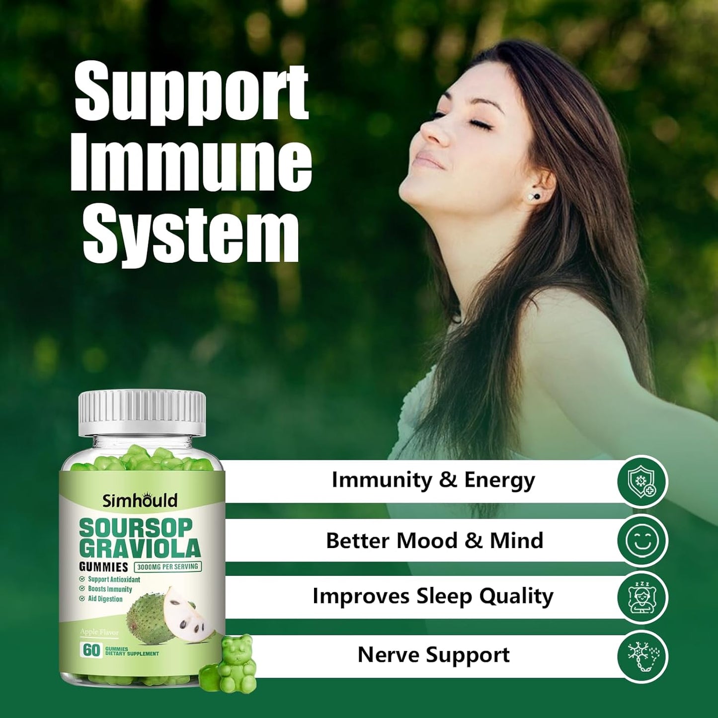 Simhould Soursop Gummies 2-Pack - 3000mg Extra Strength Soursop Leaves Supplement with Vitamin C & Zinc - Digestive Aid, Immune Support & Antioxidant - Sugar-Free, Non-GMO, Vegan - 120 Count