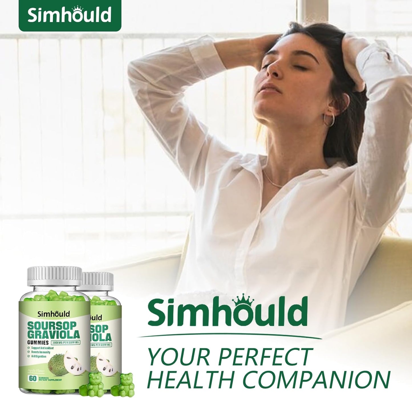 Simhould Soursop Gummies 2-Pack - 3000mg Extra Strength Soursop Leaves Supplement with Vitamin C & Zinc - Digestive Aid, Immune Support & Antioxidant - Sugar-Free, Non-GMO, Vegan - 120 Count