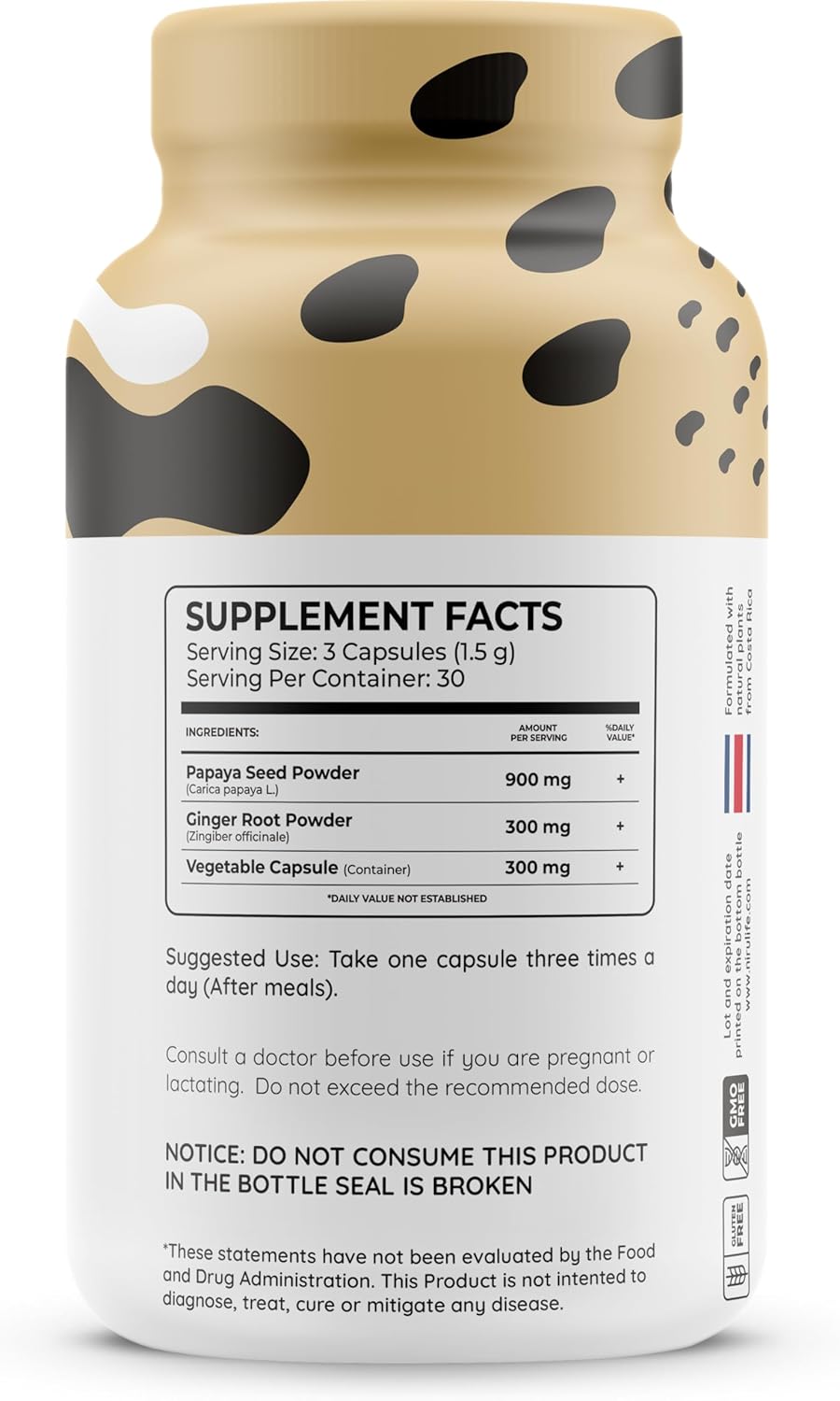 Single Origin Papaya Ginger Capsules for Digestive Support, Detox, & Metabolism Boost - 90ct 500mg Caps - Niru Life