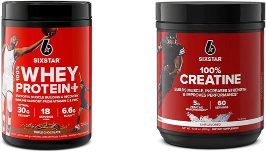 Six Star Elite Series Whey Protein Plus & Creatine Bundle - Triple Chocolate & Unflavored, 1.8lbs Protein, 60 Servings Creatine