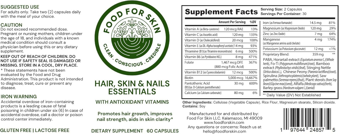 Skin, Hair, and Nail Essentials: Dietary Supplement for Healthy Skin - 60 Capsules