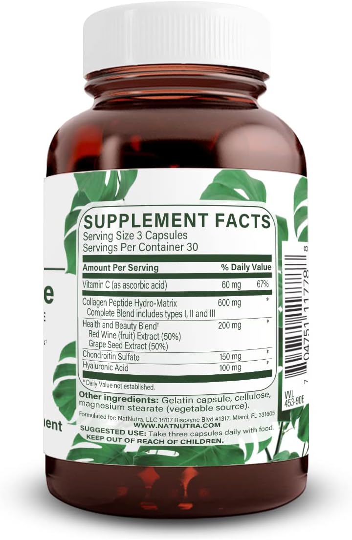 Skin Health Supplement with Protein Peptides, Vitamin C, and Grape Seed Extract - Reduce Stretch Marks, Boost Overall Health - 90 Capsules