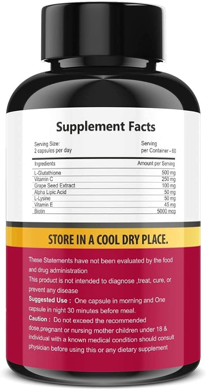 Skin Lightening Capsules with L-Glutathione, Vitamin C & E, Biotin, and Grape Seed Extract - 1000mg - 60 Capsules for Men and Women