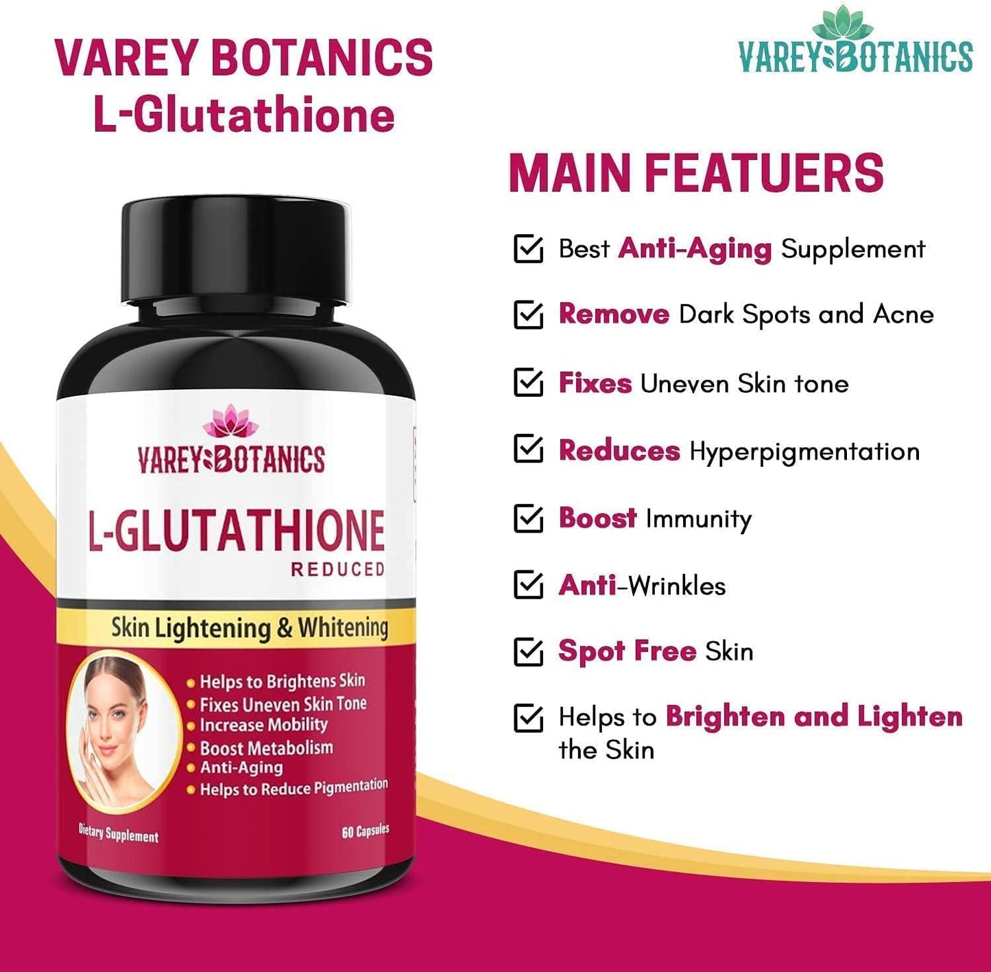 Skin Lightening Capsules with L-Glutathione, Vitamin C & E, Biotin, and Grape Seed Extract - 1000mg - 60 Capsules for Men and Women