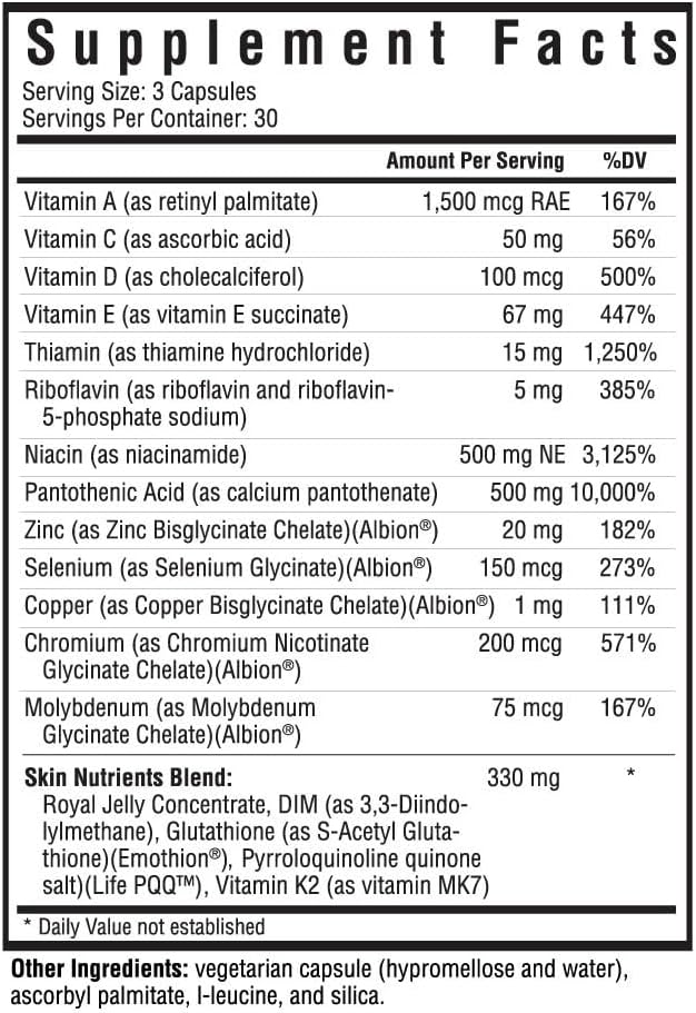 Skin Nutrient Supplement with Vitamins A and E, Antioxidant and Multivitamin Support, Royal Jelly (90 Capsules)