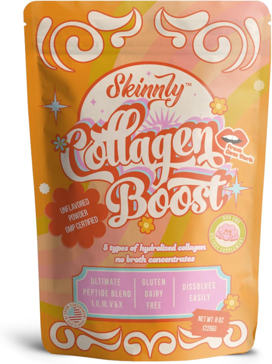 SKINNLY Multi Collagen Powder Protein: Hydrolyzed Peptides for Skin, Hair, Nails & Gut Health - Grass-Fed, Gluten-Free - 8oz