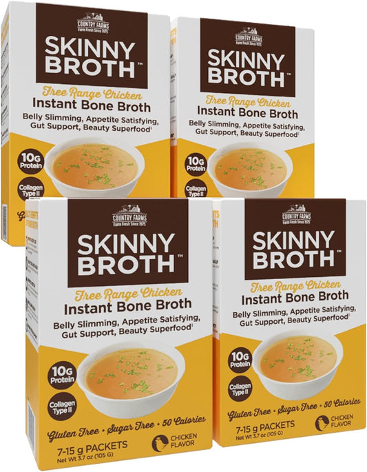 Skinny Broth 7-Day Plan - Instant Chicken Bone Broth with 10g Protein and Collagen Type II for Digestion, Bone, and Joint Health - 4 Pack of 28-15g Packets