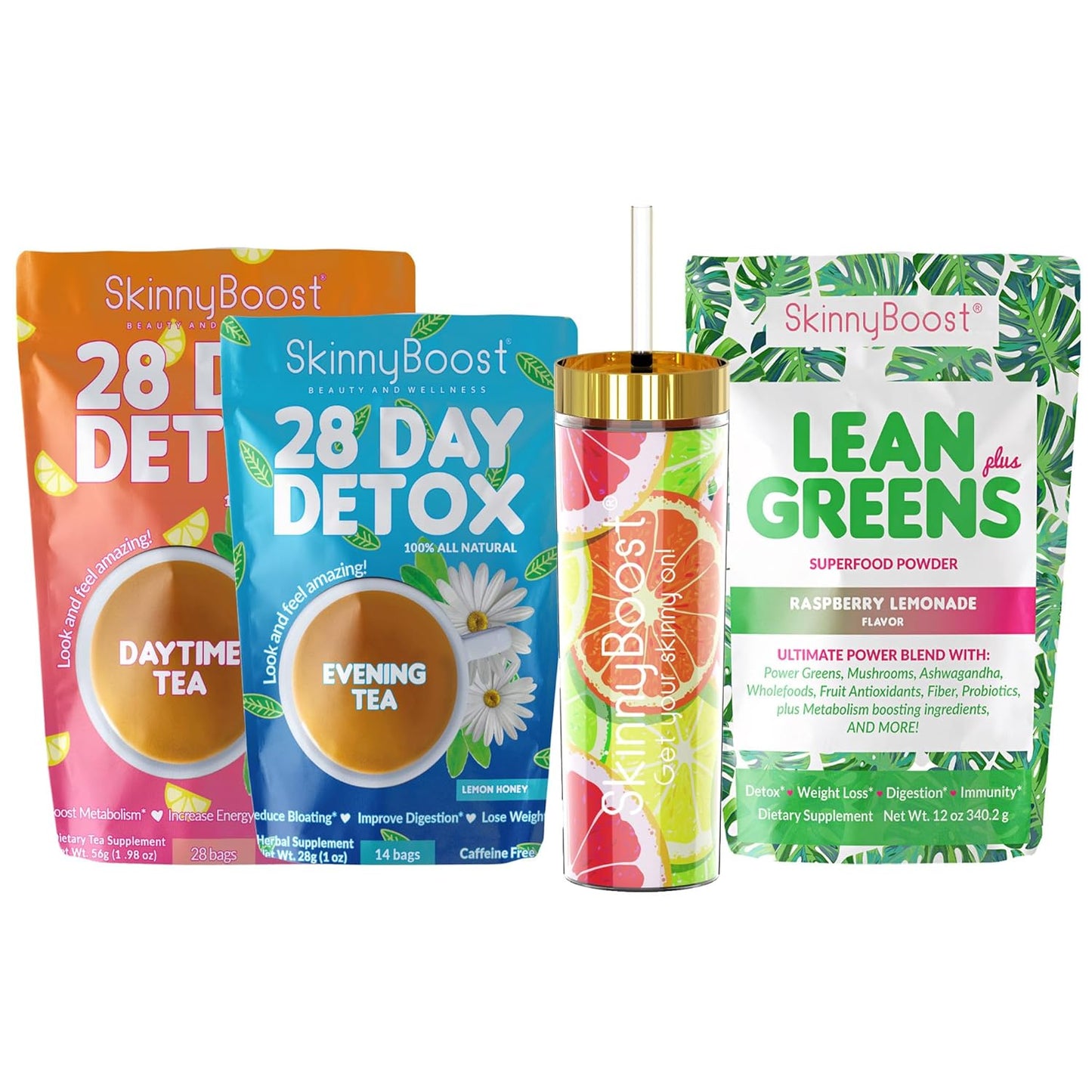 SkinnyBoost Skinny Boost Tea Kit with Lean Greens Superfood Powder and FREE Tumbler - 1 Daytime Tea (28 Bags) & 1 Evening Detox Tea (14 Bags) - Non GMO, Vegan, All Natural Detox & Cleanse