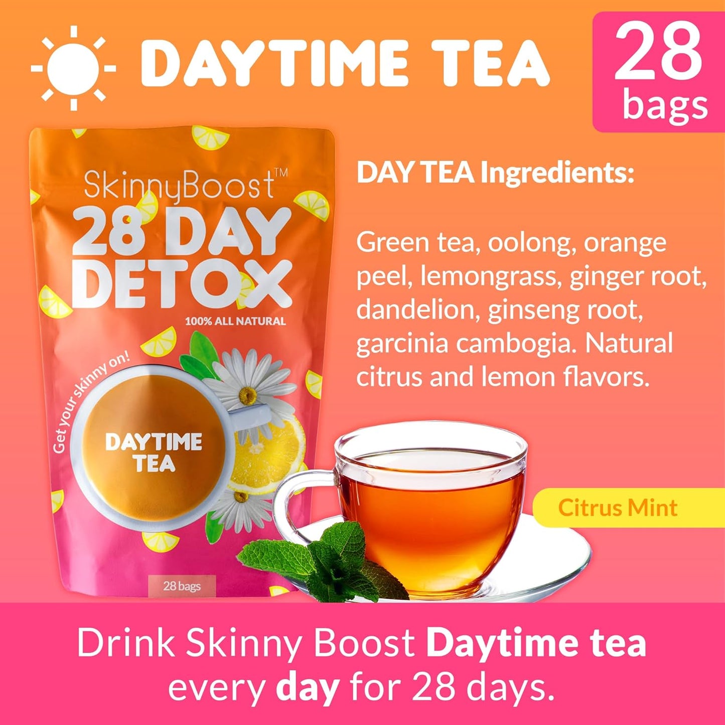 SkinnyBoost Skinny Boost Tea Kit with Lean Greens Superfood Powder and FREE Tumbler - 1 Daytime Tea (28 Bags) & 1 Evening Detox Tea (14 Bags) - Non GMO, Vegan, All Natural Detox & Cleanse