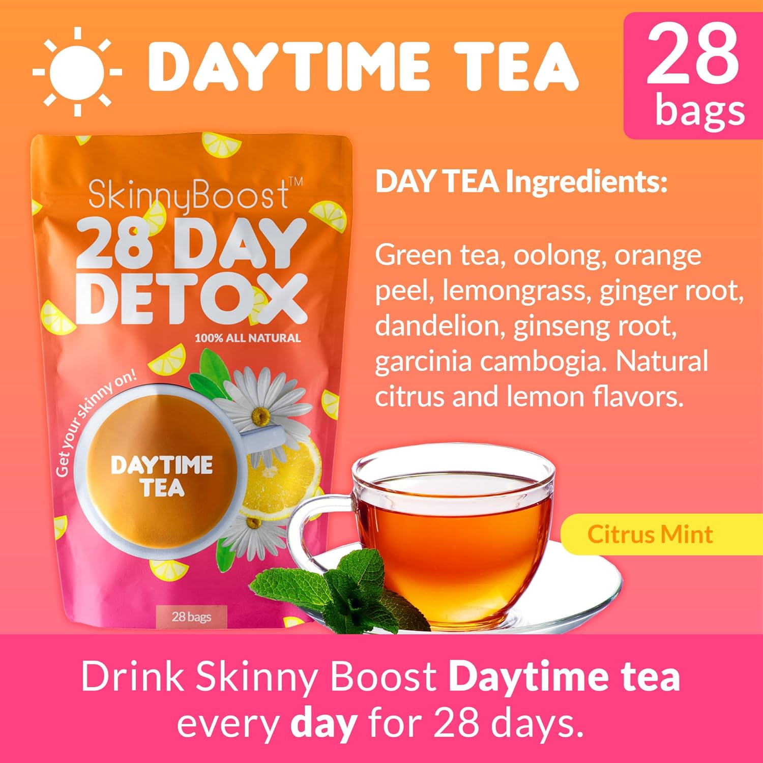 SkinnyBoost Skinny Boost Tea Kit with Lean Greens Superfood Powder and FREE Tumbler - 1 Daytime Tea (28 Bags) & 1 Evening Detox Tea (14 Bags) - Non GMO, Vegan, All Natural Detox & Cleanse