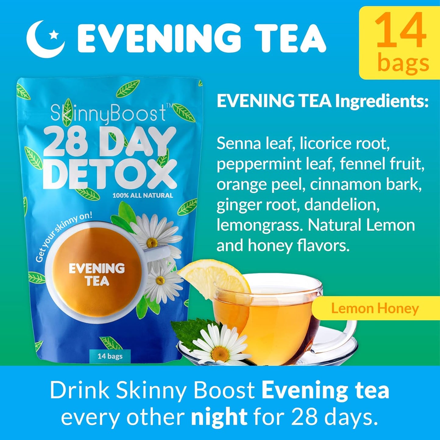 SkinnyBoost Skinny Boost Tea Kit with Lean Greens Superfood Powder and FREE Tumbler - 1 Daytime Tea (28 Bags) & 1 Evening Detox Tea (14 Bags) - Non GMO, Vegan, All Natural Detox & Cleanse