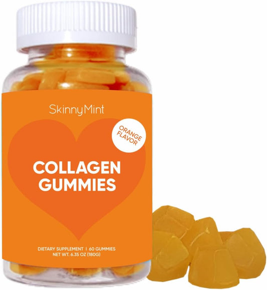 SkinnyMint Collagen Gummies: Natural Orange Flavor, Gluten-Free Hair, Skin & Nails Support - 60 Count (1 Month Supply)