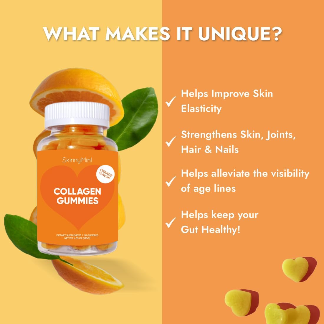 SkinnyMint Collagen Gummies: Natural Orange Flavor, Gluten-Free Hair, Skin & Nails Support - 60 Count (1 Month Supply)