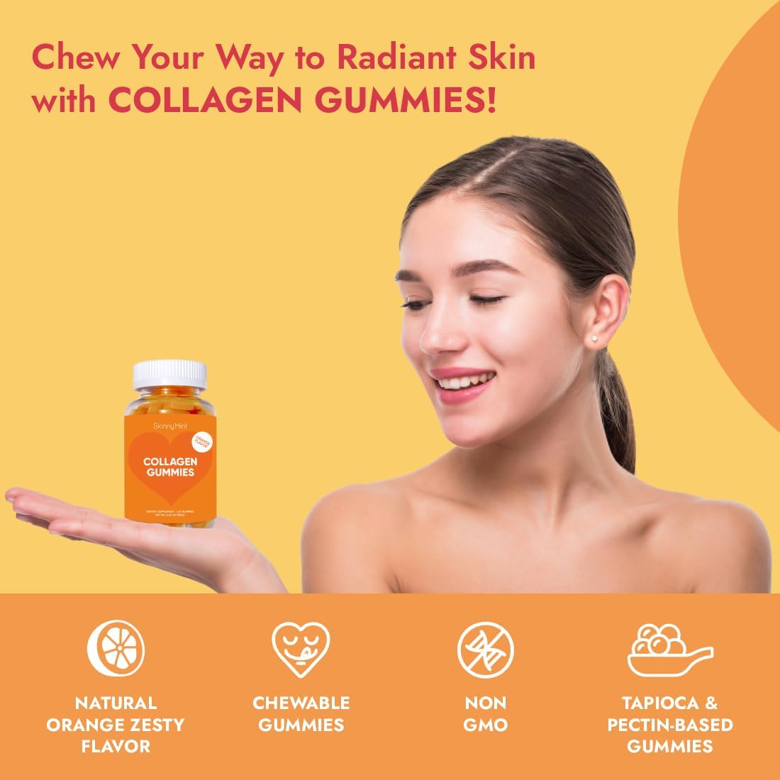 SkinnyMint Collagen Gummies: Natural Orange Flavor, Gluten-Free Hair, Skin & Nails Support - 60 Count (1 Month Supply)
