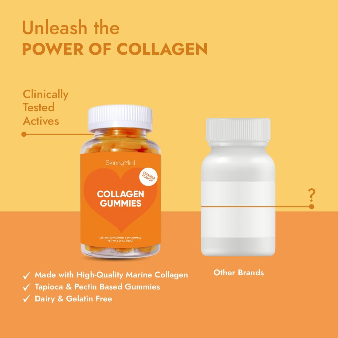 SkinnyMint Collagen Gummies: Natural Orange Flavor, Gluten-Free Hair, Skin & Nails Support - 60 Count (1 Month Supply)