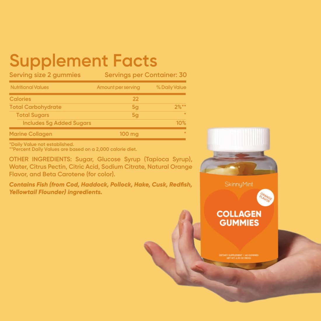 SkinnyMint Collagen Gummies: Natural Orange Flavor, Gluten-Free Hair, Skin & Nails Support - 60 Count (1 Month Supply)