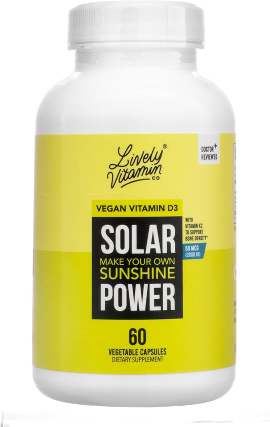 Solar Power Vitamin D3 Supplement with Patented Vitamin K - MK7 for Immune Balance, Brain Function, Heart Health, and Stress Relief - 60 Count